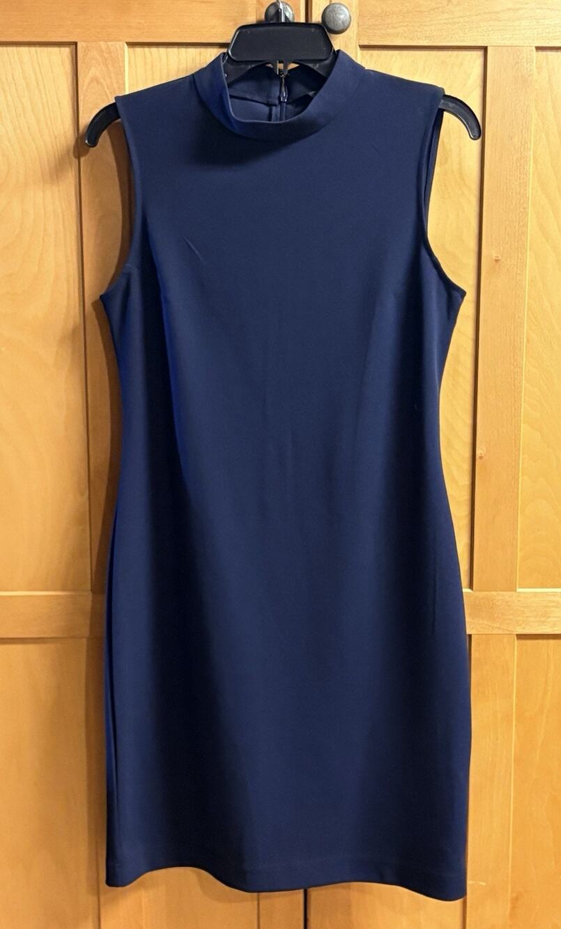 Sharagano Sheath Dress Sz 4 Navy Sleeveless Back Zipper Knee Length Machine Was